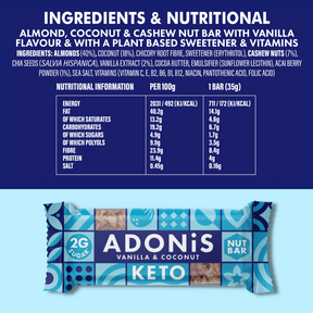 Vanilla & Coconut keto nut bar ingredients and nutritionals